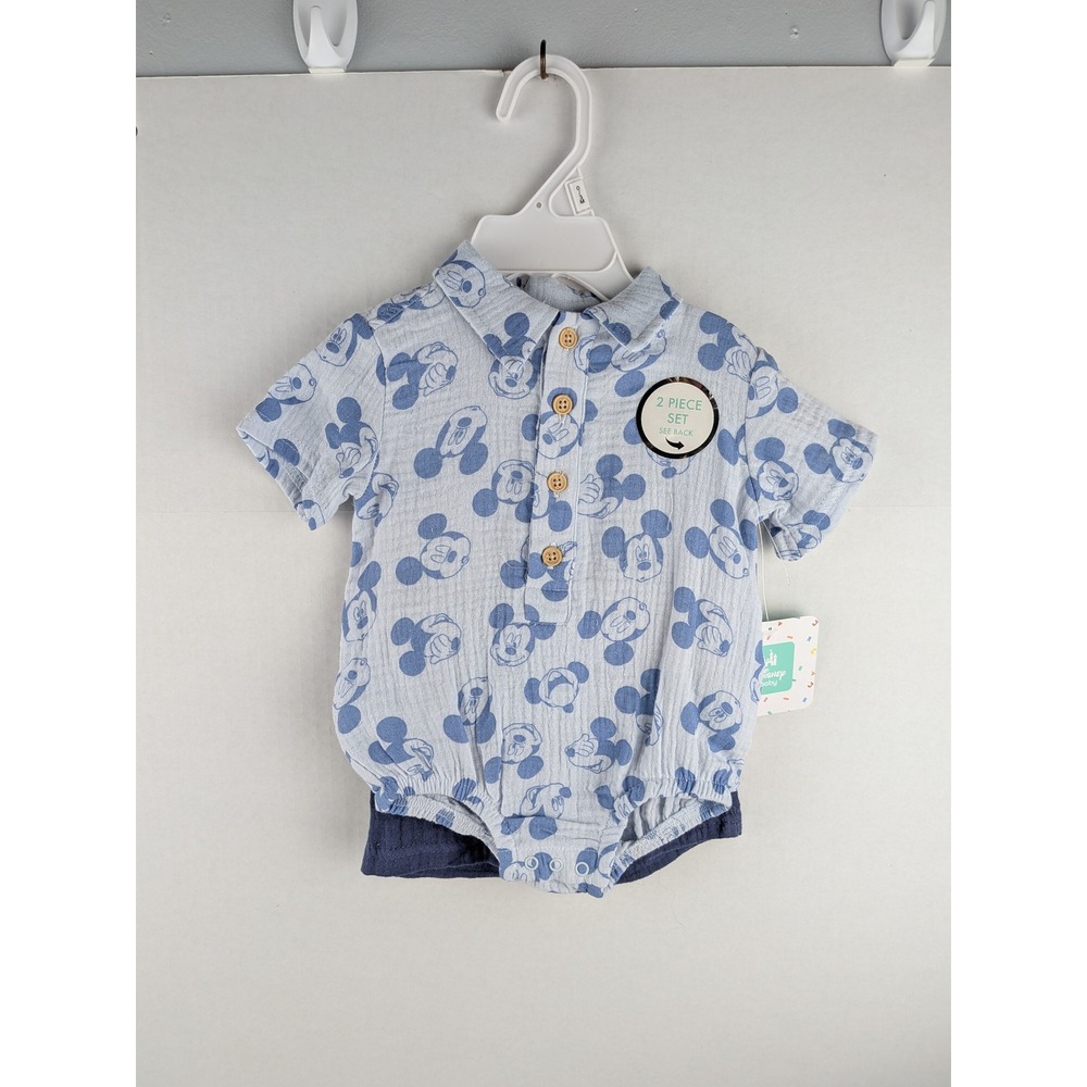 Disney Baby Boys 2 Piece Set Mickey Mouse Romper Shorts Blue Outfit Size NB